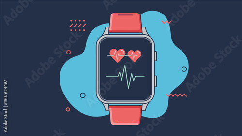 Modern smartwatch displaying a heart rate monitor and two heart icons, set against a dark blue abstract background, symbolizing health tracking.