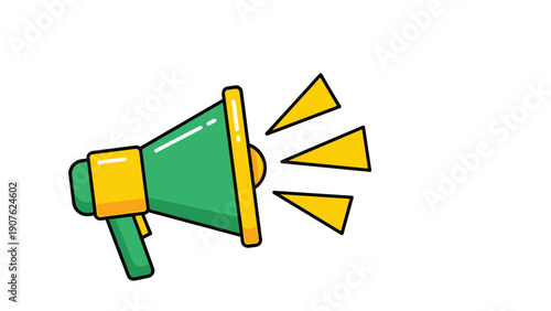 Vibrant green megaphone with yellow accents, emitting sound waves, symbolizing announcement, public address, and marketing communication.