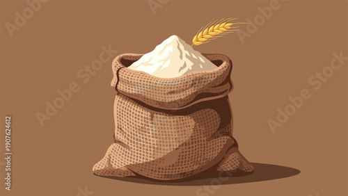Rustic burlap sack generously overflowing with white flour, adorned with a golden wheat stalk, symbolizing baking ingredients and agriculture.