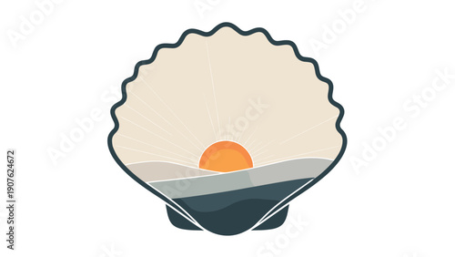 Minimalist graphic of an ocean shell featuring a serene sunset over calm waves within its opening, evoking peaceful coastal vibes.