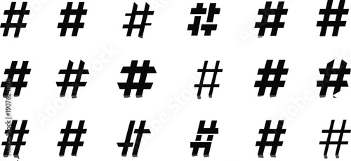 Set of black hashtag symbols in various fonts and styles, social media tag icons, metadata labels, isolated on white