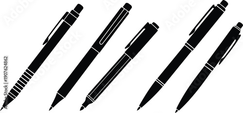 Set of black silhouettes of writing instruments including pens, pencils, markers, and office stationery icons isolated on a white