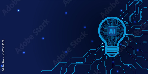 The light bulb circuit with AI chip on the circuit motherboard. Idea and innovation by AI. Artificial intelligence and Machine learning technology concept. Vector Illustration.