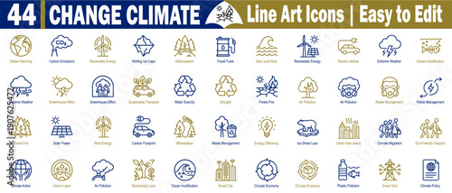 Change the climate line art icon set, easy to edit, concept includes global warming, carbon emissions, and renewable energy vector illustration.