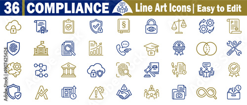 Business compliance and regulatory legal line icons set. Representing corporate governance data privacy, security protocols, law enforcement, and standard certification vector illustration.