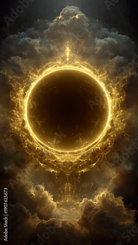 Radiant golden solar plexus energy ring glowing in dark cloudy sky, mystical powerful abstract light art, surreal fantasy atmosphere