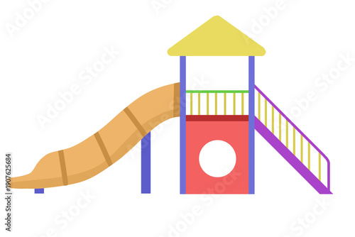 Large orange tube slide with stairs and playhouse platform for public park