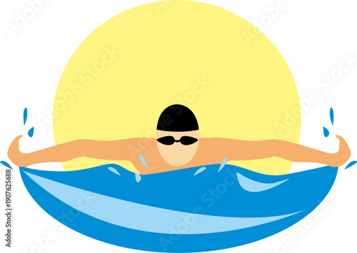 Minimalist vector illustration of a swimmer doing freestyle stroke in water with sun background. Flat design for swimming sport, fitness, summer activity, and healthy lifestyle concepts.