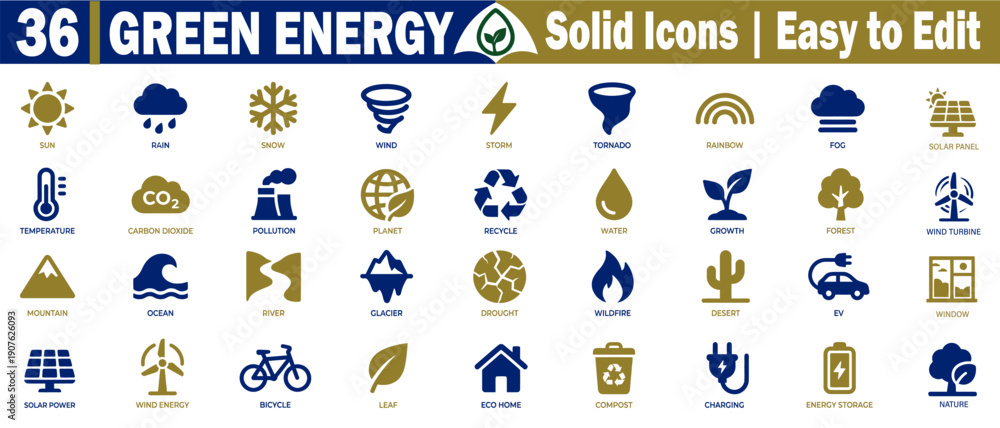 Fototapeta premium Green energy solid icons easy to edit for renewable resources, solar, wind, hydro, geothermal, biomass, electric vehicle themes vector illustration.
