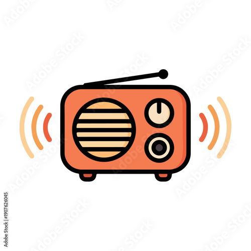 A vibrant orange vintage radio with a black outline, emitting sound waves on a white background. Perfect for world radio day, broadcasting, and communication materials.