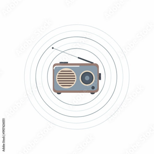 A digital illustration of a vintage radio surrounded by concentric circles on a white background, symbolizing world radio day. Perfect for broadcasting, media, and educational materials.