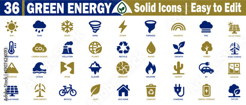 Green energy solid icons easy to edit for renewable resources, solar, wind, hydro, geothermal, biomass, electric vehicle themes vector illustration.