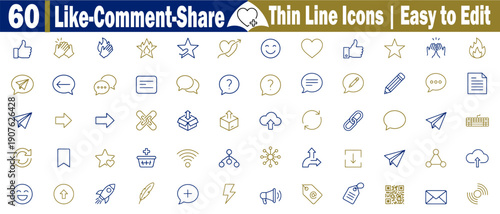 Like comment share thin line icons bundle for social networking platforms, digital communication user engagement strategy, marketing tools, and online interaction symbols vector illustration.