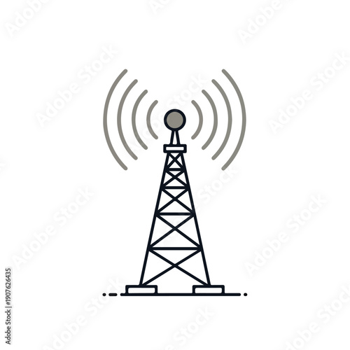 A black line art illustration of a radio broadcasting tower emitting signal waves on a white background. Perfect for world radio day, telecommunications, and educational materials.