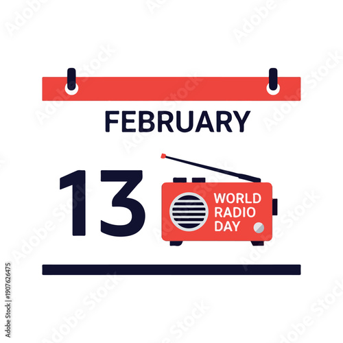 A digital illustration of a red radio with 'World Radio Day' on a calendar page showing February 13th. Perfect for broadcasts, radio promotions, and event materials.