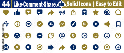 Set of like comment and share solid icons set. Collection of social media engagement marketing, digital communication website interface navigation mobile app ui and ux designs set vector illustration.