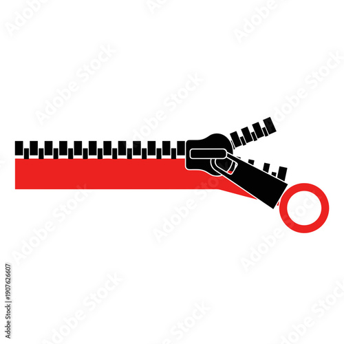 Red and black zipper stuck on a pouch, isolated against a white background, showing a close-up of the zipper mechanism