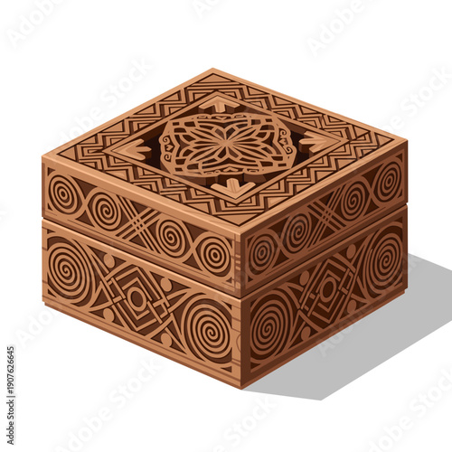 Intricately carved wooden incense box isolated on a white background, showcasing geometric patterns and a square shape with shadow detail