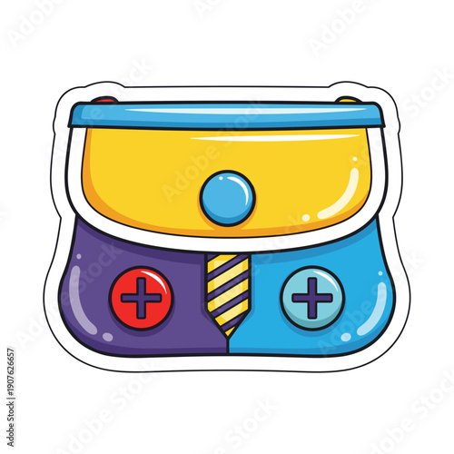 Colorful cartoon-style pouch with screw accents, isolated on a white background, featuring playful plus signs and vibrant hues