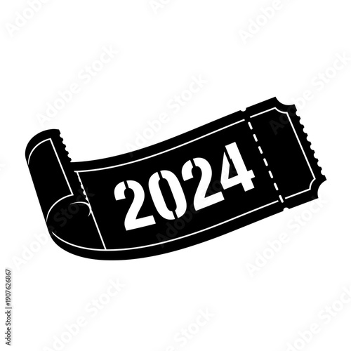 Curled ticket with bold 2024 text isolated on white background, featuring a sleek black silhouette design