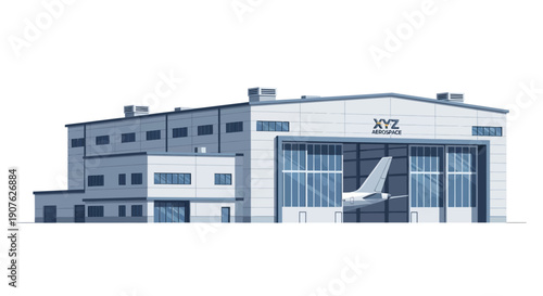 A modern aircraft hangar with large bay doors, housing a white airplane, under a clear sky.