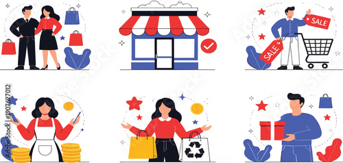 E Commerce Illustration Set with Online Store, Shopping Customers, Sales Promotion, Retail Service, Sustainable Shopping, and Digital Marketplace Concepts