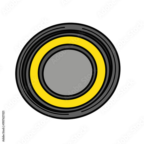 Circular lid with yellow insert isolated on white background, featuring bold concentric rings and minimalist design