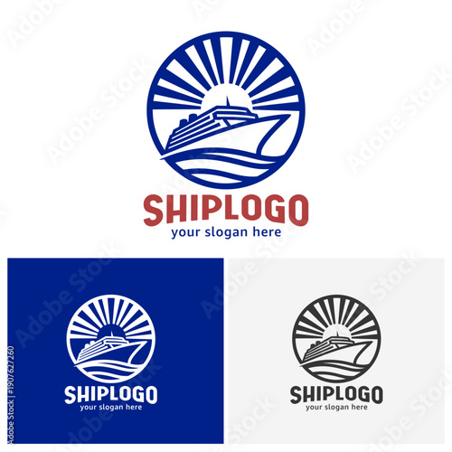 Modern Cruise Ship Logo Vector Sun Rays Ocean Waves Travel Agency Branding