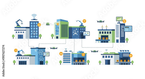 Illustration of interconnected smart factories and industrial buildings with automated systems and drones.