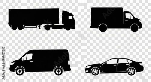 Set of four different vehicle silhouettes including a truck van car and semi truck.