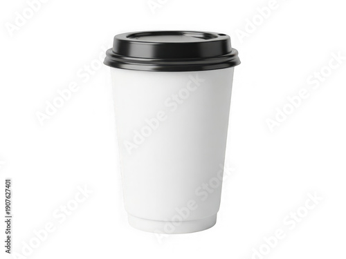 A plain white disposable coffee cup with a black plastic lid and sleeve isolated on transparent background