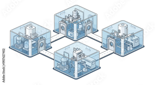 An isometric illustration depicting a modular laboratory setup with four interconnected units, each containing specialized scientific equipment.