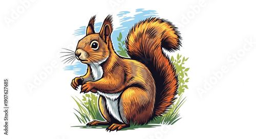 Red Squirrel Sitting in Grass Illustration.