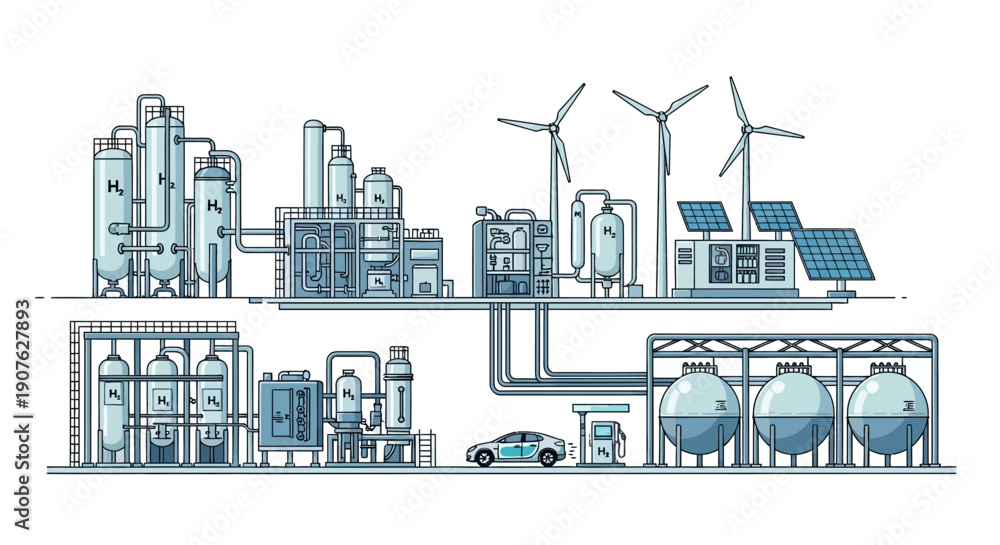 Naklejka premium Illustration of a hydrogen production and refueling station powered by renewable energy sources like wind turbines and solar panels.