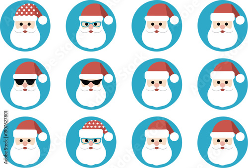 A set of 12 minimalist Santa Claus portraits arranged in two rows of 6 against a white background.