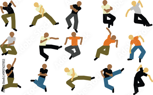 Flat style vector icons of street dancers and athletes performing dynamic jumps and maneuvers