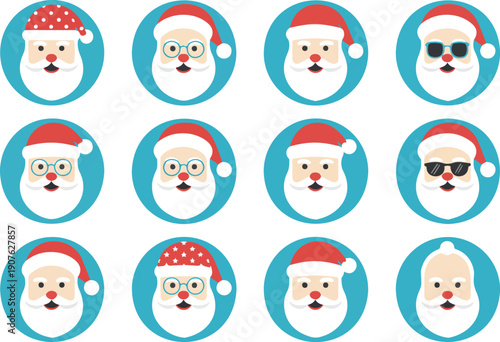 A set of 12 minimalist Santa Claus portraits arranged in two rows of 6 against a white background.