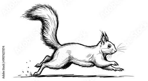 Running squirrel sketch illustration black and white.