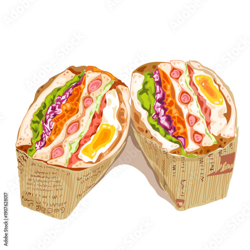 Gourmet Breakfast Sandwich with Fried Egg and Fresh Vegetables Illustration