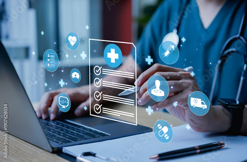 Doctors working on laptops with digital medical interface, health information system, telemedicine, electronic health records, medical technology, and modern healthcare innovation