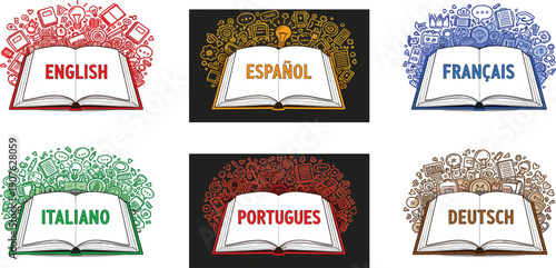 Foreign Language Learning Concept Vector Set with Open Books for English Spanish French Italian Portuguese and German Education Designs