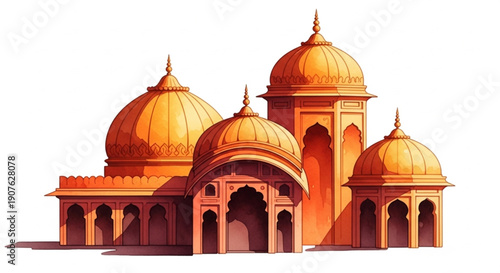 A detailed watercolor-style illustration of a cluster of golden Indian domes and pavilions isolated on a white background.