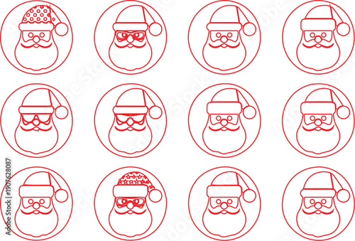 A set of 12 minimalist Santa Claus portraits arranged in two rows of 6 against a white background.