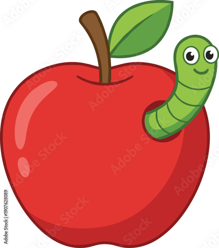 A bright red cartoon apple with a smiling green worm peeking out of a hole. The illustration is simple, vibrant, and set against a clean white background.
