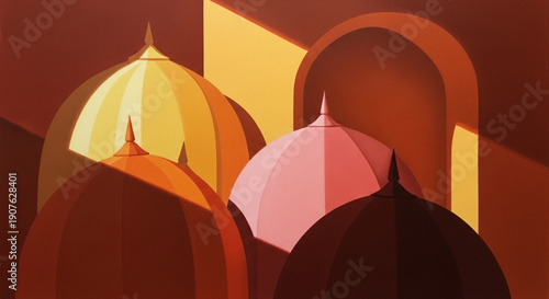 A clean, flat vector-style illustration of colorful domes and arches using a warm palette of yellow, orange, and pink.