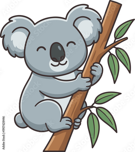 An adorable cartoon koala with grey fur hugs a brown tree branch adorned with green leaves. This cute illustration features a happy animal character in a simple, stylized design.