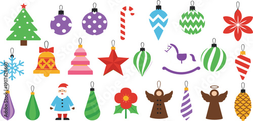 Large Christmas Ornament Vector Icon Set with Festive Baubles, Santa Claus, Snowflake, Angel, Star, and Pine Tree Decorations for Winter Holiday Design Projects