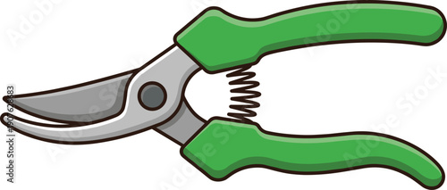A simple illustration of green handled pruning shears with silver blades and a visible coil spring, set against a clean white background. This tool is for gardening and plant care.