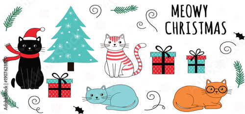 Meowy Christmas Cute Cat Illustration Set with Kittens, Gifts, Christmas Tree, Holiday Typography, and Playful Festive Elements for Seasonal Designs