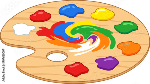 A wooden artist's paint palette featuring puddles of various colors including red, blue, yellow, white, green, purple, and orange, with a dynamic swirl of mixed colors in the center.